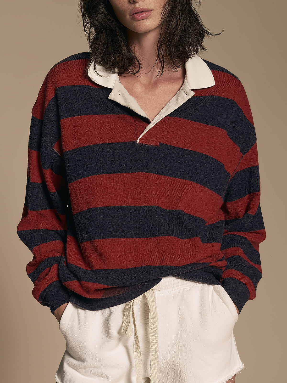 Navy And Burgundy Striped Rugby Polo Sweater With Contrast White Collar And Cuffs