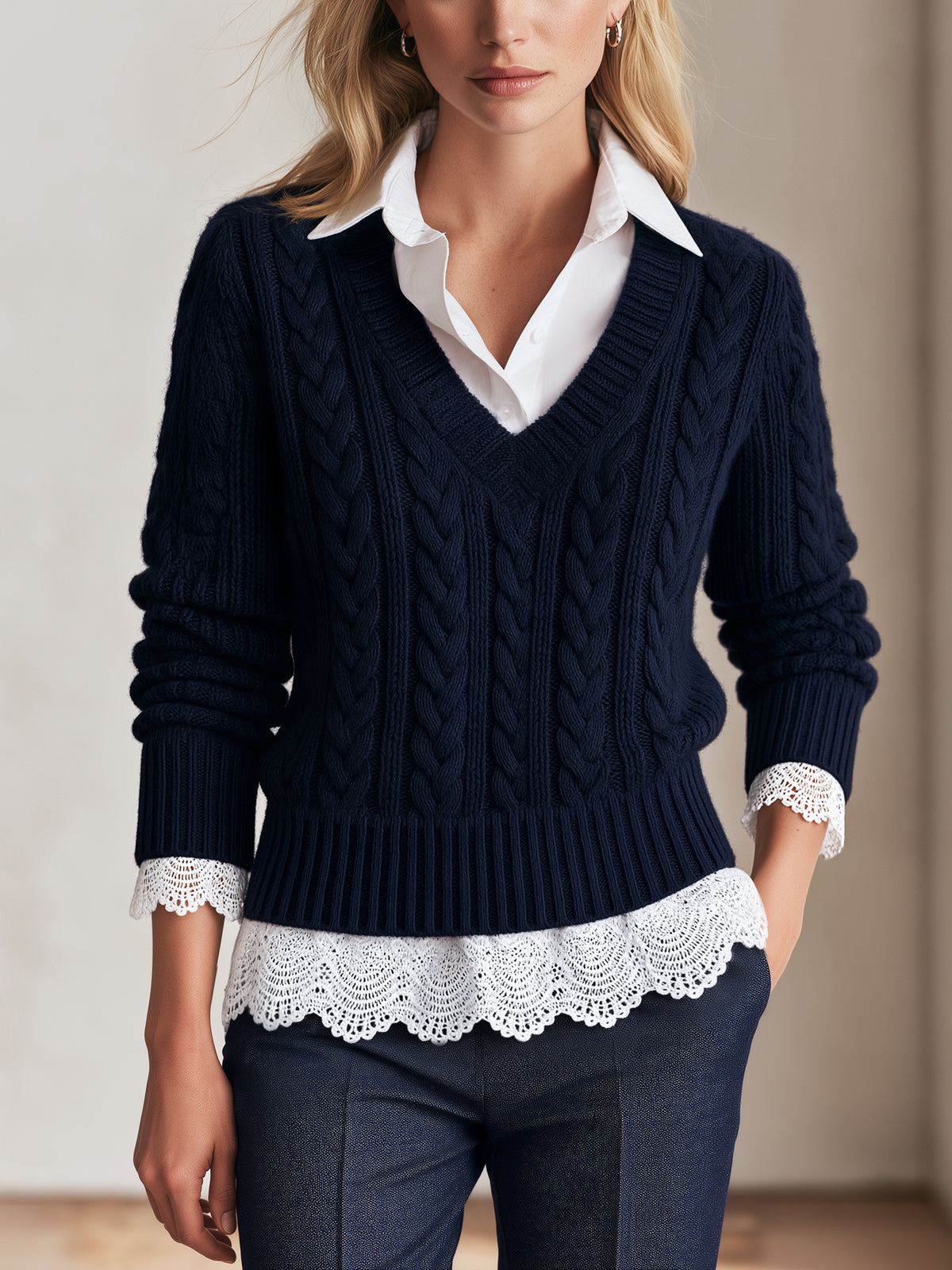 Layered-Look Cable Knit V-Neck Sweater with Lace Trim