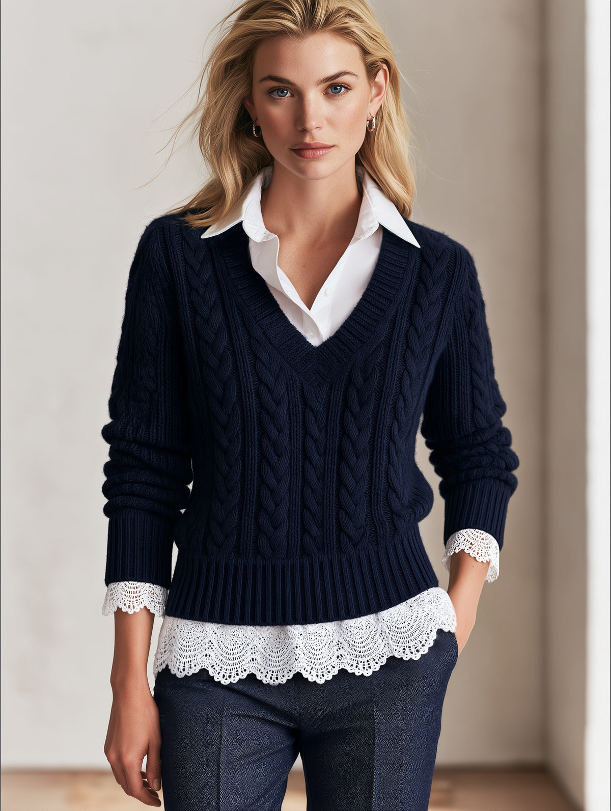 Layered-Look Cable Knit V-Neck Sweater with Lace Trim