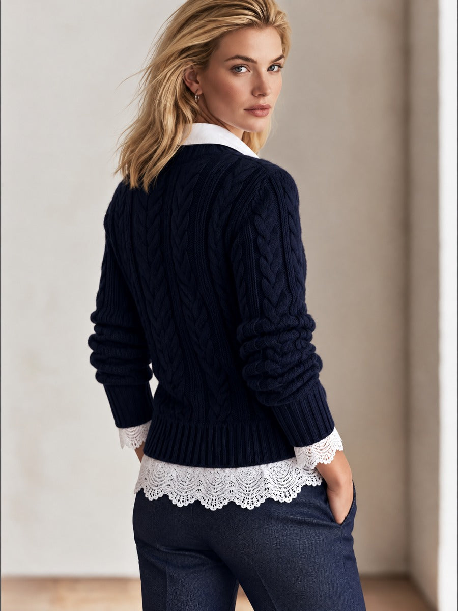 Layered-Look Cable Knit V-Neck Sweater with Lace Trim