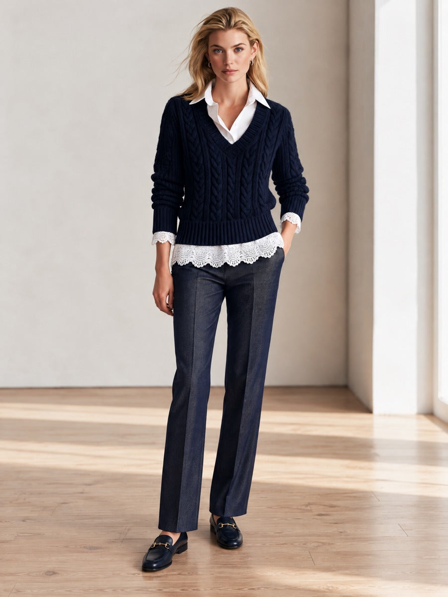 Layered-Look Cable Knit V-Neck Sweater with Lace Trim