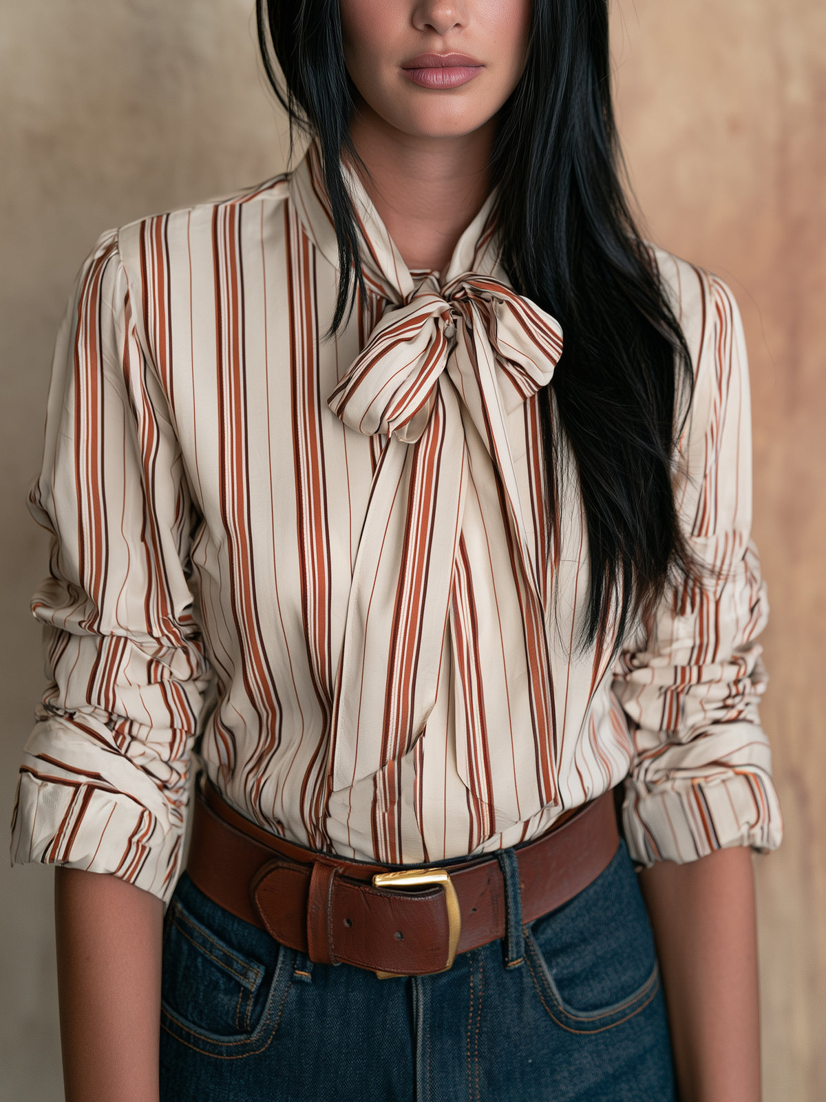 Ivory Brown Striped Tie-Neck Blouse With Ruched Sleeves