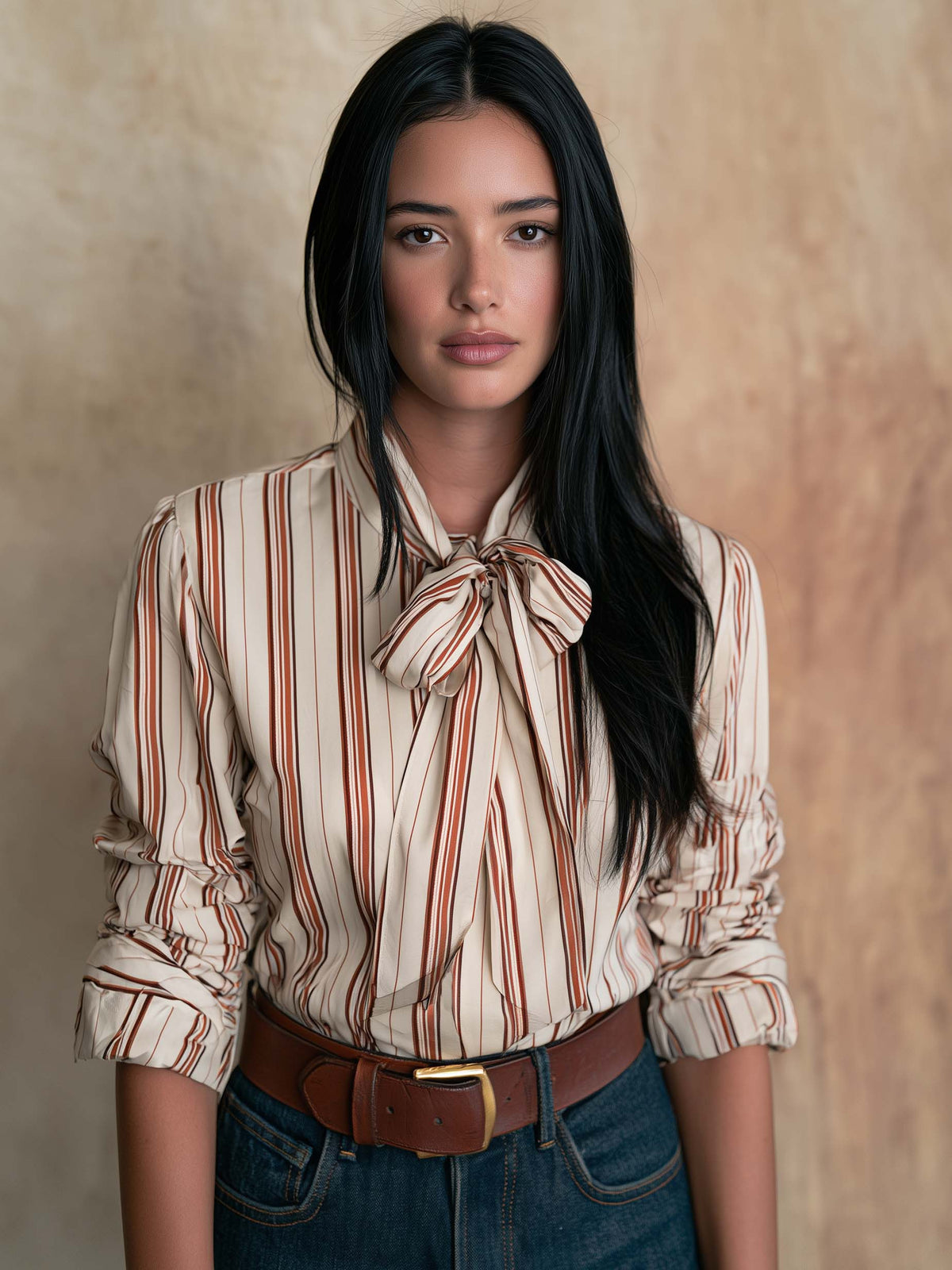 Ivory Brown Striped Tie-Neck Blouse With Ruched Sleeves