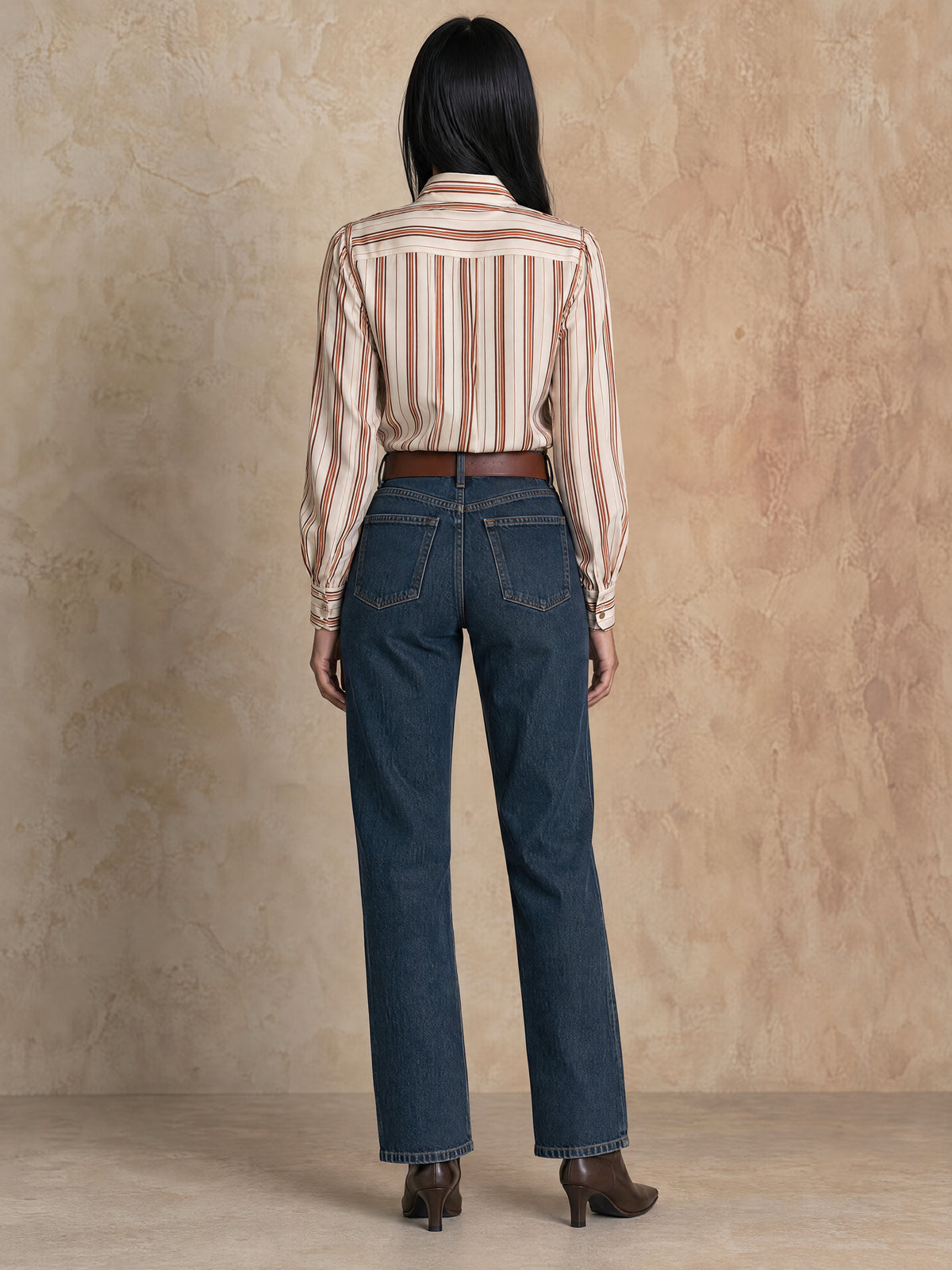 Ivory Brown Striped Tie-Neck Blouse With Ruched Sleeves