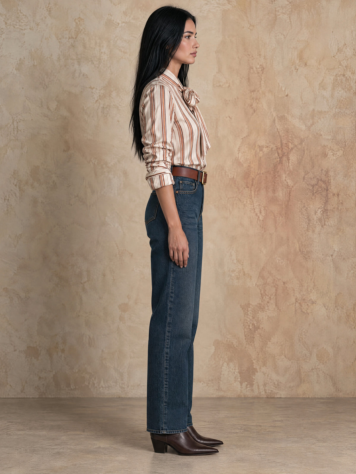 Ivory Brown Striped Tie-Neck Blouse With Ruched Sleeves