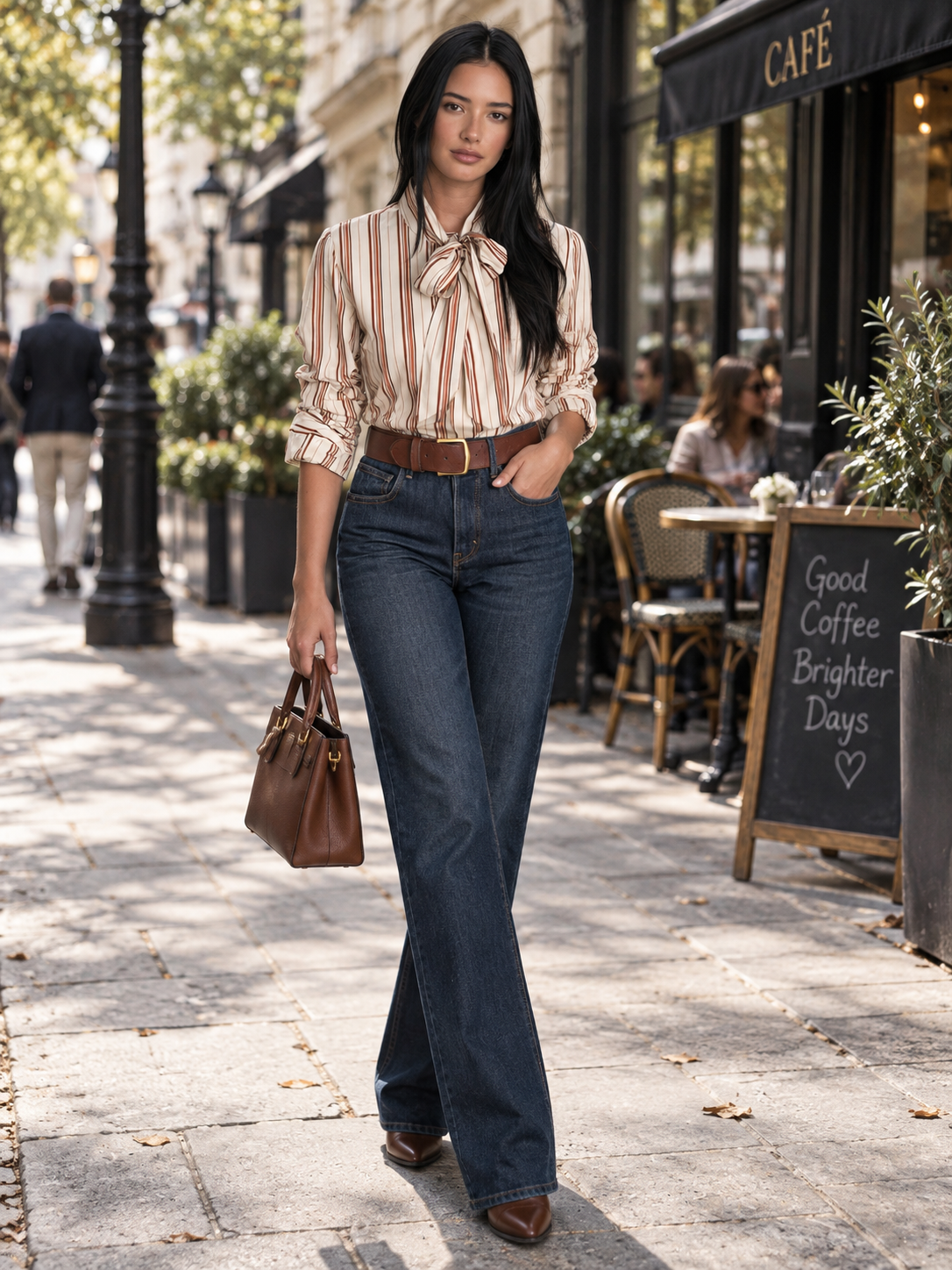 Ivory Brown Striped Tie-Neck Blouse With Ruched Sleeves