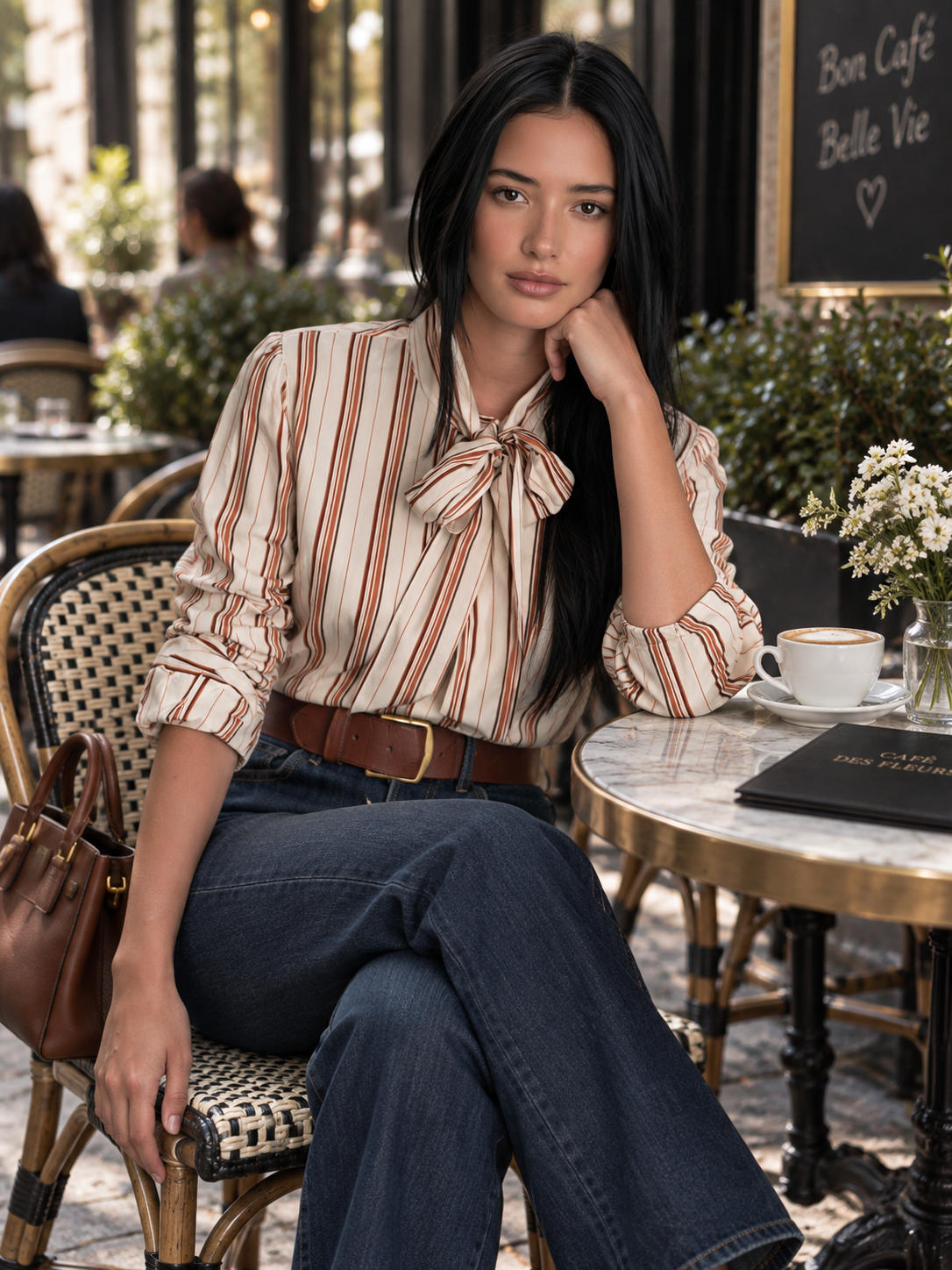 Ivory Brown Striped Tie-Neck Blouse With Ruched Sleeves
