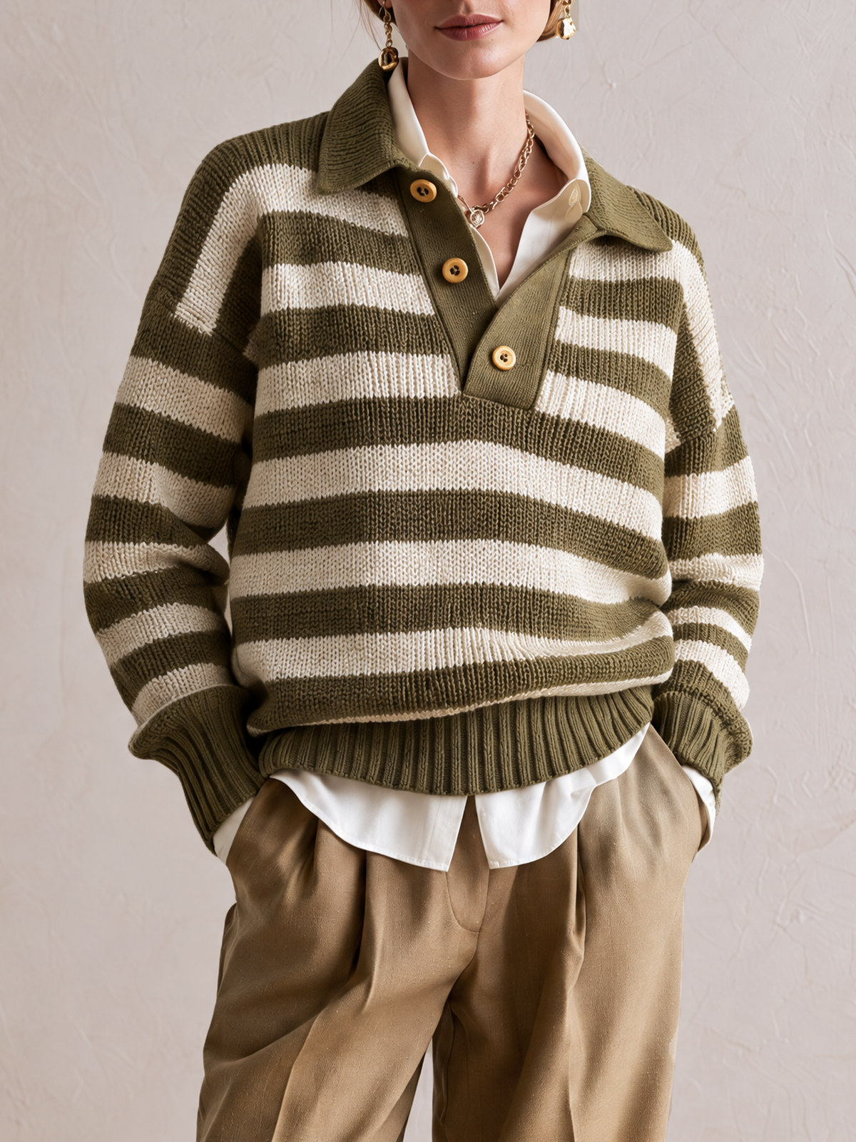 Elegant Olive Green & Ivory Striped Polo Collar Knit Sweater