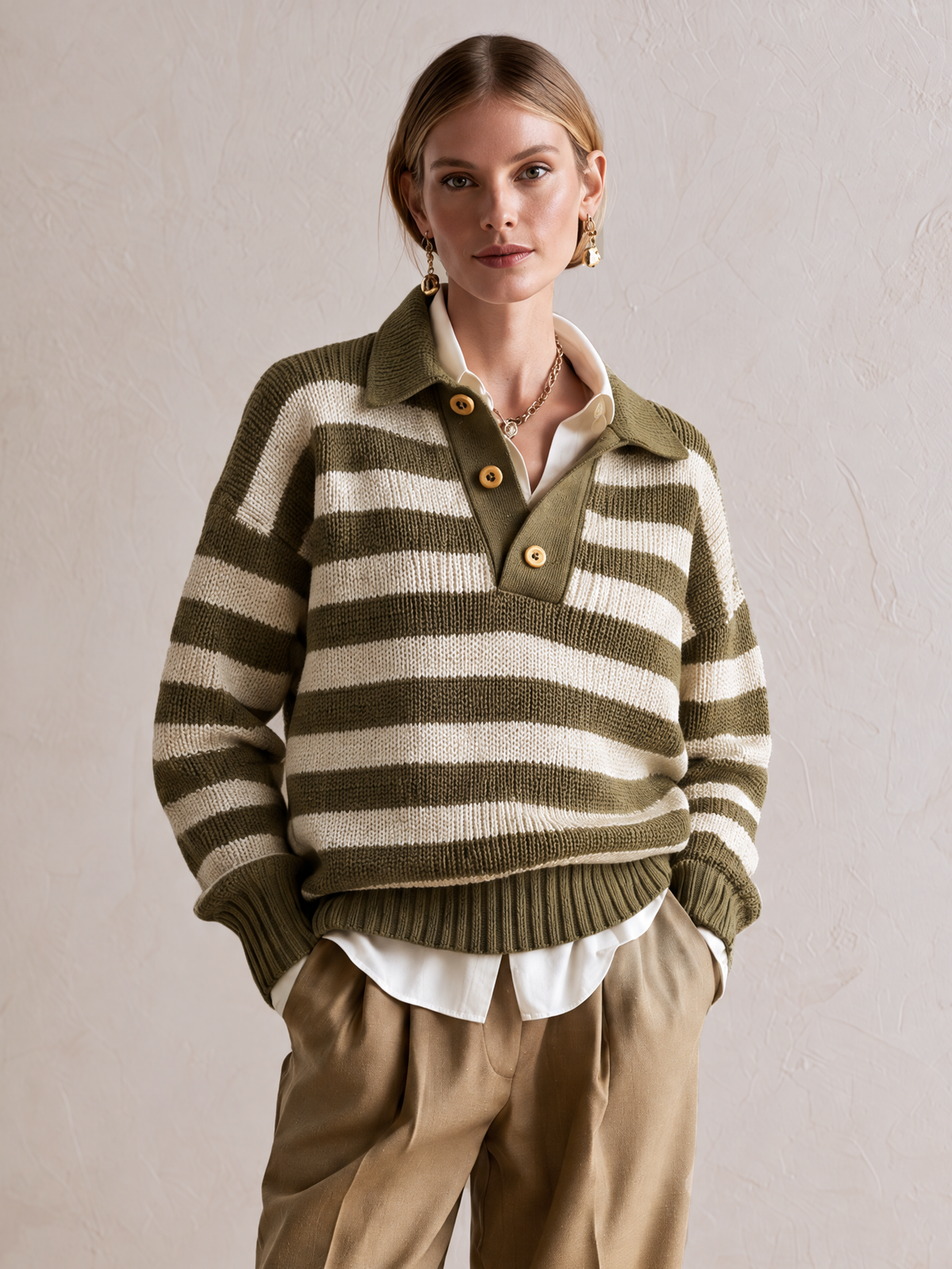 Elegant Olive Green & Ivory Striped Polo Collar Knit Sweater