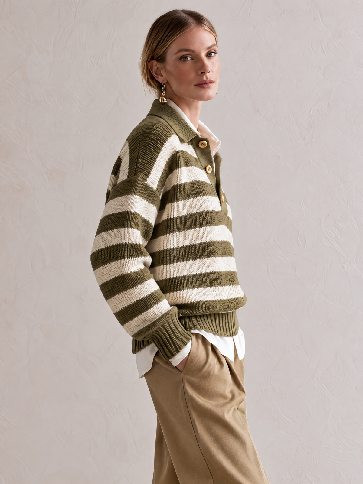 Elegant Olive Green & Ivory Striped Polo Collar Knit Sweater