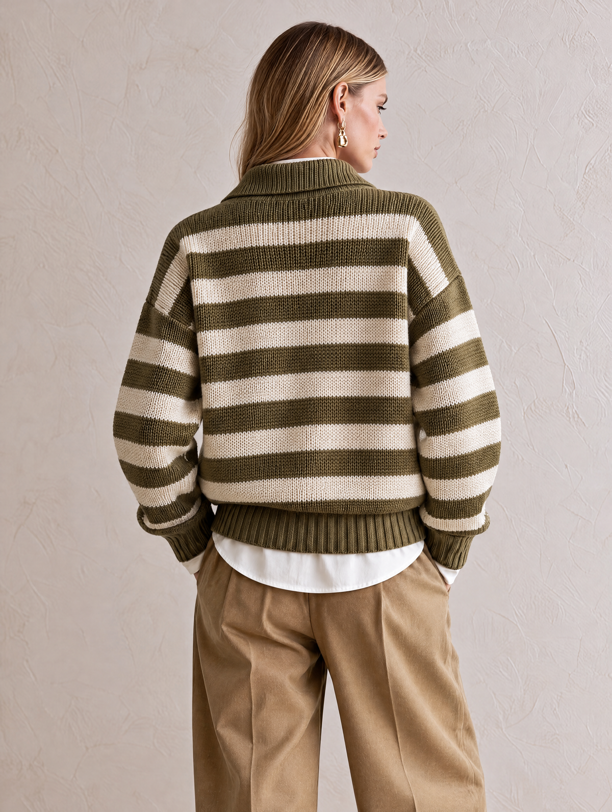 Elegant Olive Green & Ivory Striped Polo Collar Knit Sweater