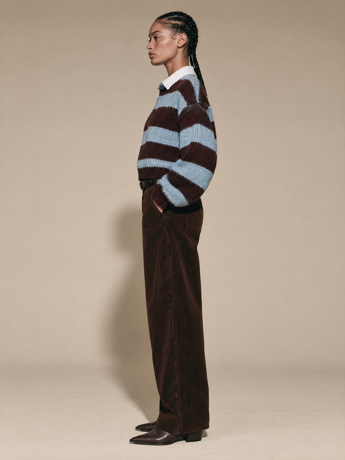 Sky Blue And Burgundy Striped Chunky Knit Sweater With White Shirt Collar