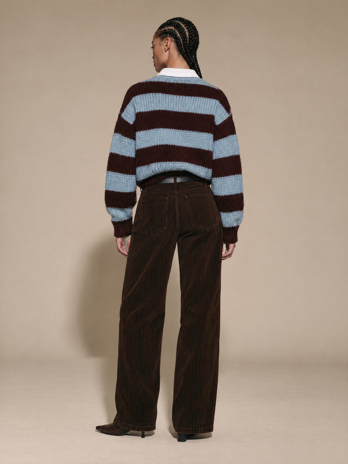 Sky Blue And Burgundy Striped Chunky Knit Sweater With White Shirt Collar