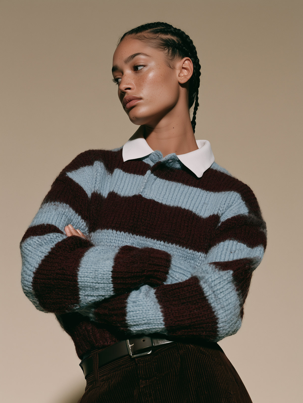 Sky Blue And Burgundy Striped Chunky Knit Sweater With White Shirt Collar
