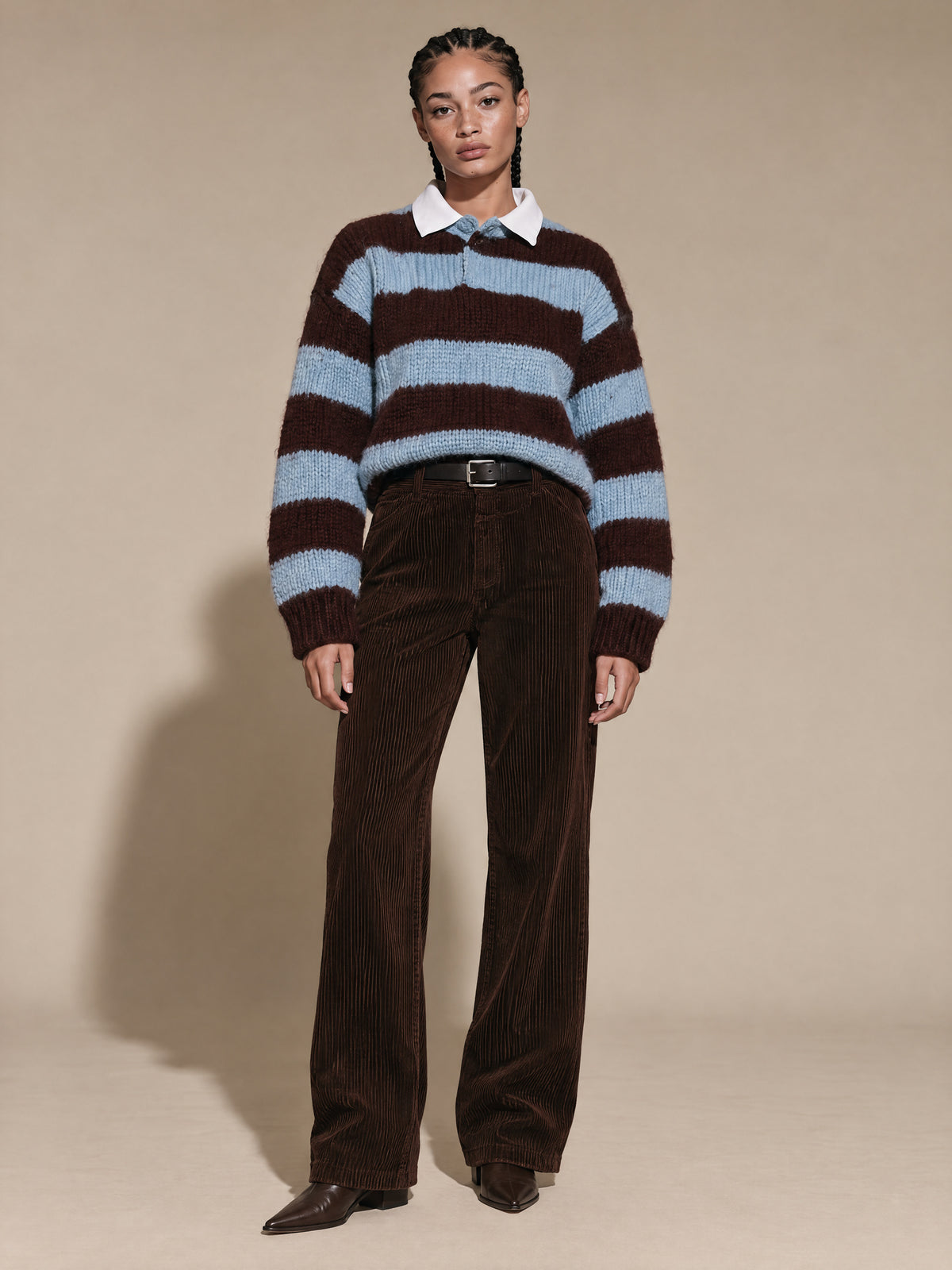 Sky Blue And Burgundy Striped Chunky Knit Sweater With White Shirt Collar