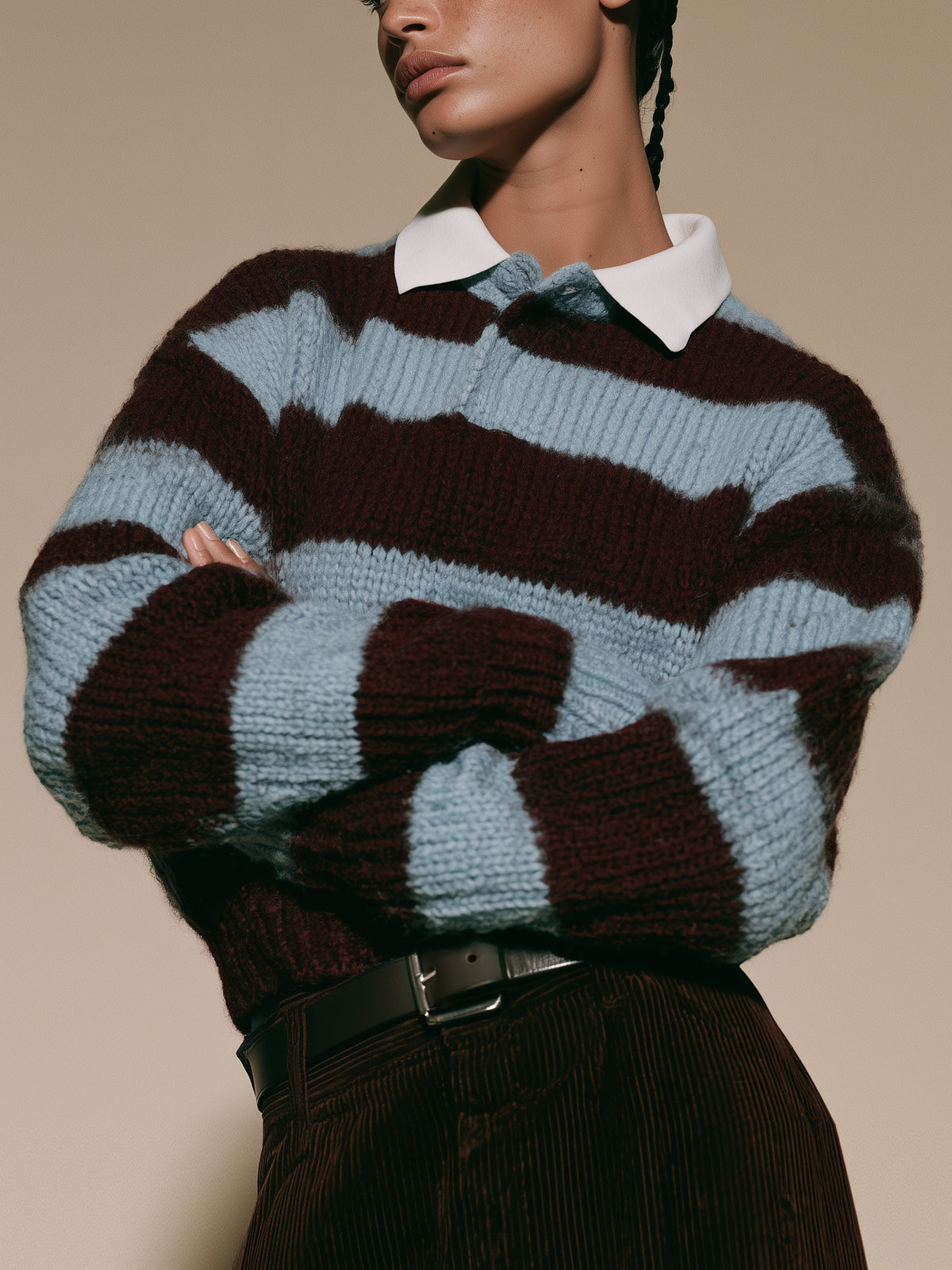 Sky Blue And Burgundy Striped Chunky Knit Sweater With White Shirt Collar