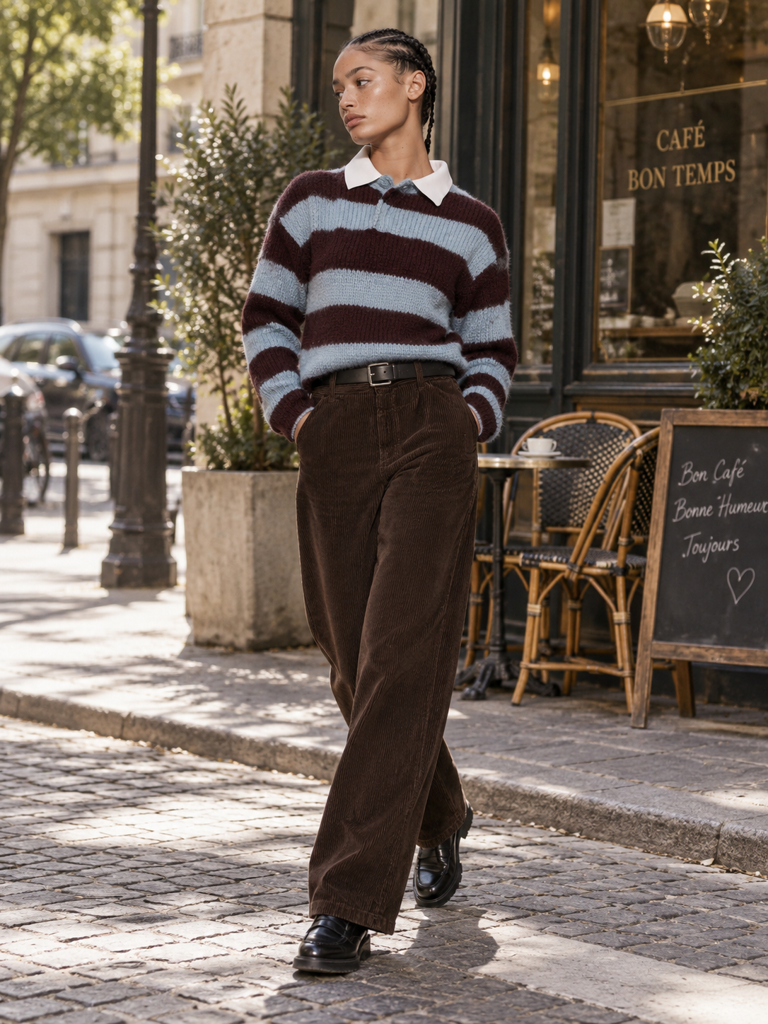 Sky Blue And Burgundy Striped Chunky Knit Sweater With White Shirt Collar