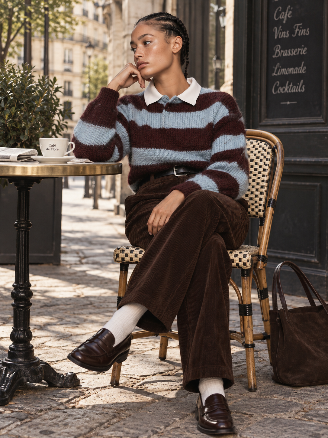 Sky Blue And Burgundy Striped Chunky Knit Sweater With White Shirt Collar