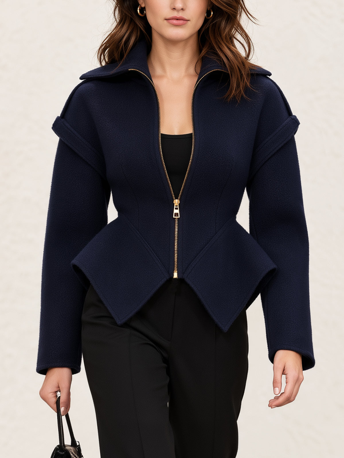 Peplum Zip-Front Structured Wool Blend Jacket