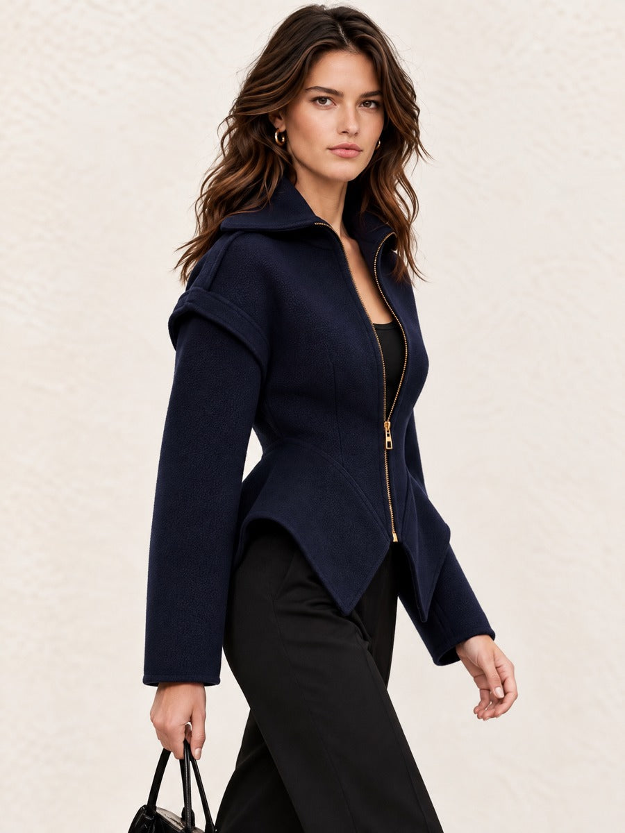 Peplum Zip-Front Structured Wool Blend Jacket