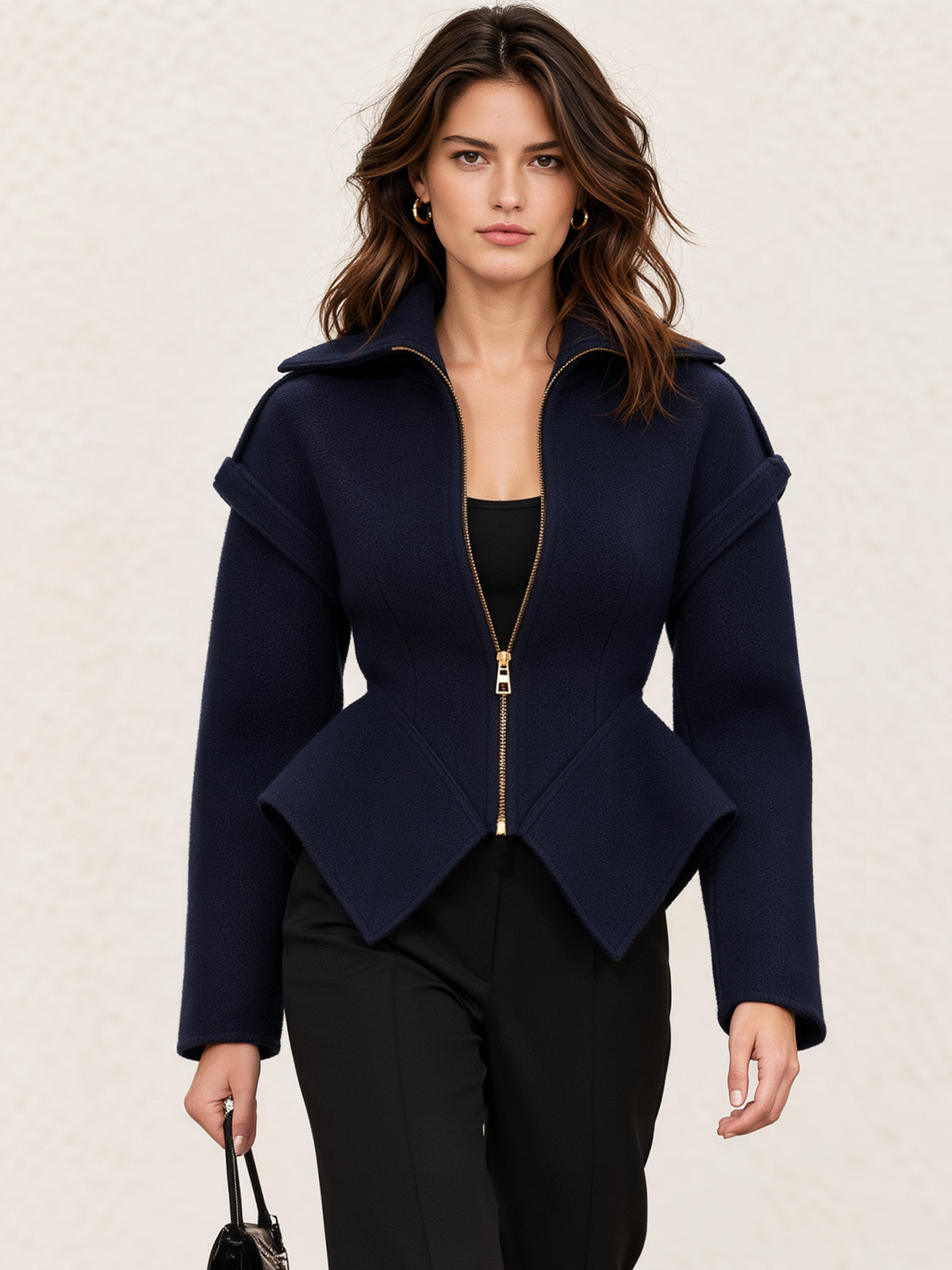 Peplum Zip-Front Structured Wool Blend Jacket
