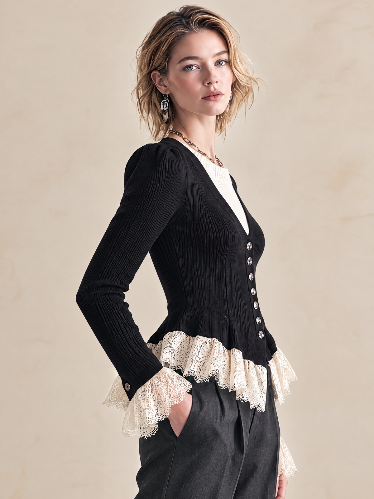 Elegant Black & Ivory Lace-Trimmed Knit Two-in-One Top