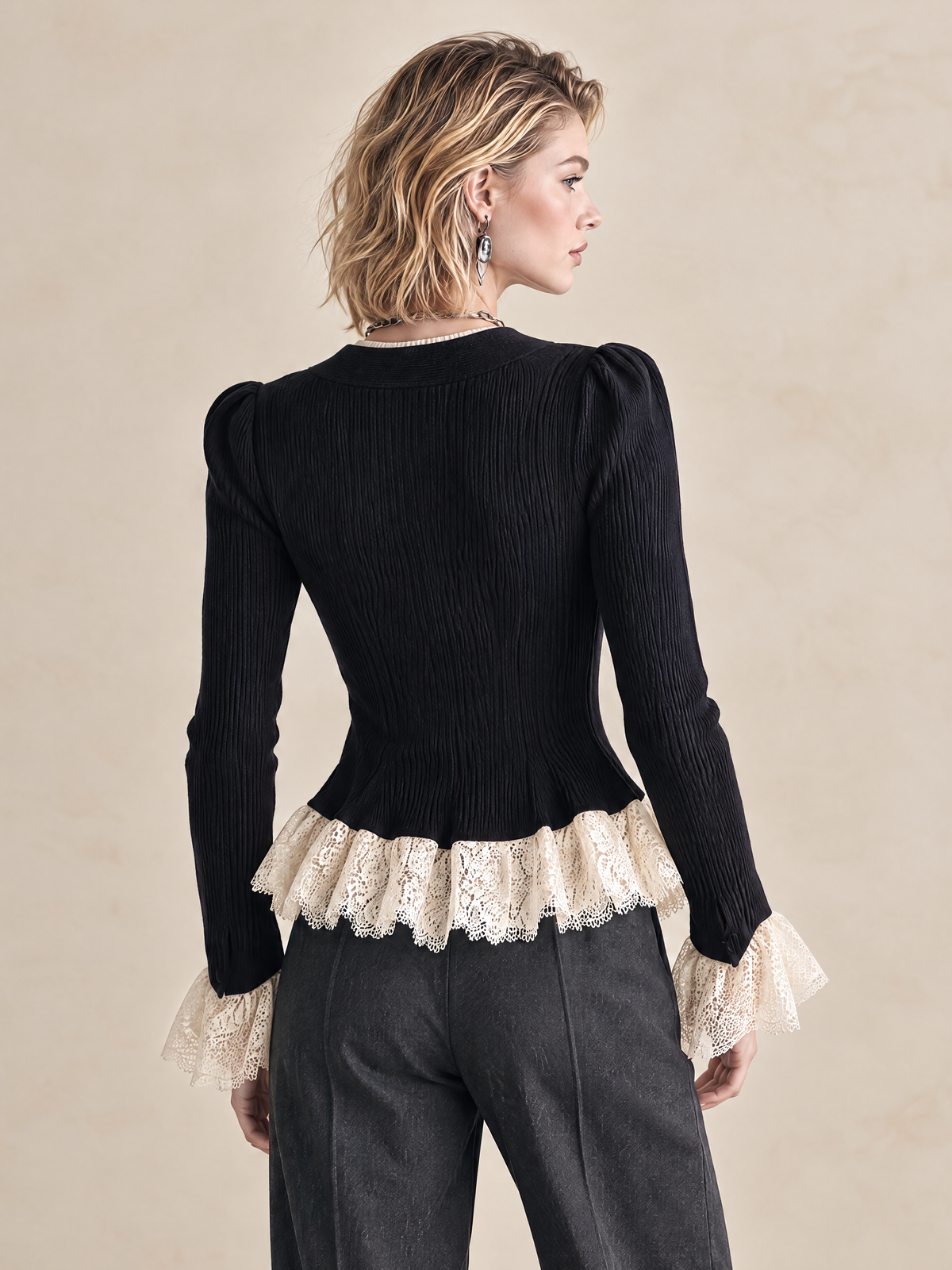 Elegant Black & Ivory Lace-Trimmed Knit Two-in-One Top