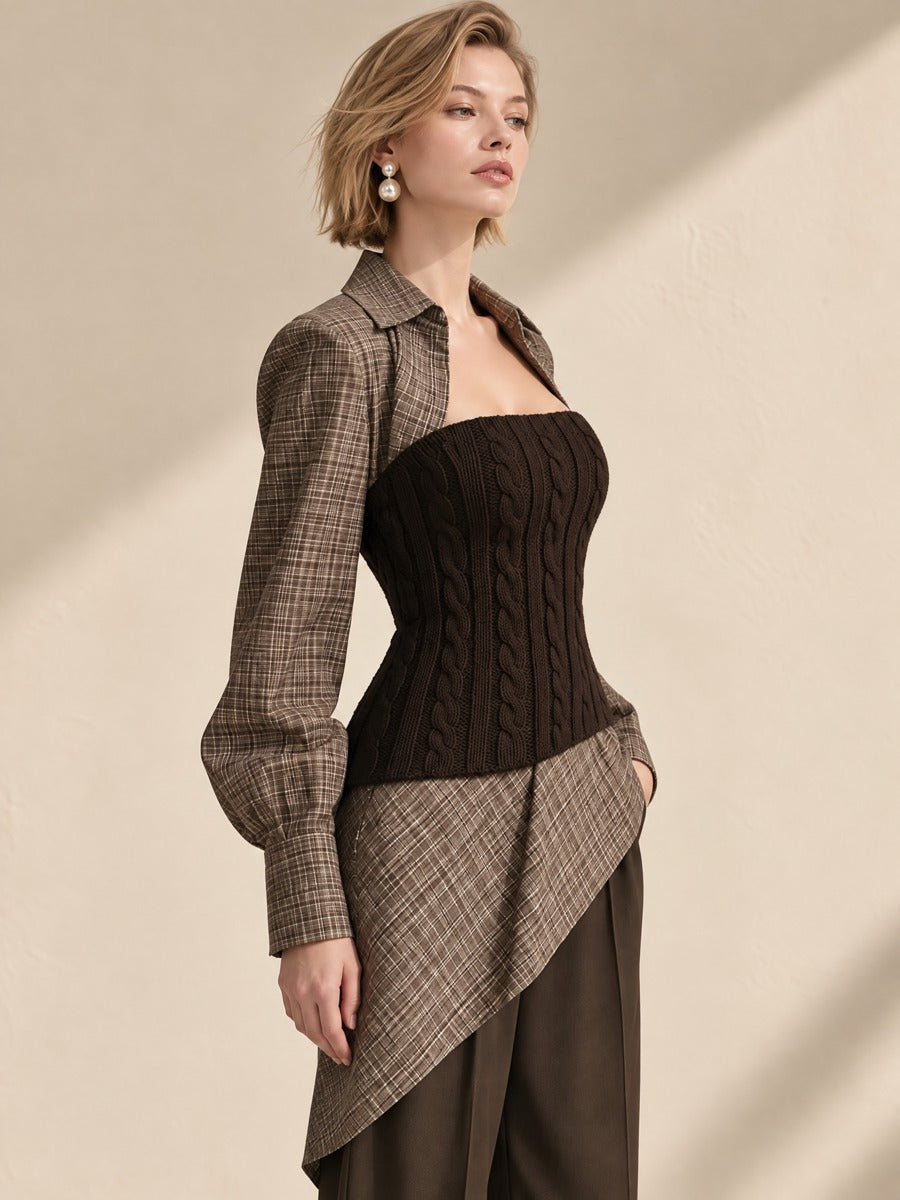 Brown Plaid Faux-Lapel Cable Knit Tube Top