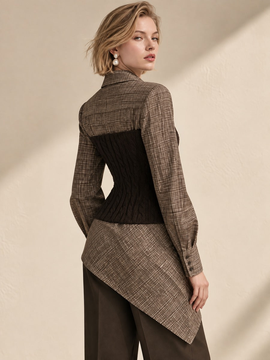 Brown Plaid Faux-Lapel Cable Knit Tube Top