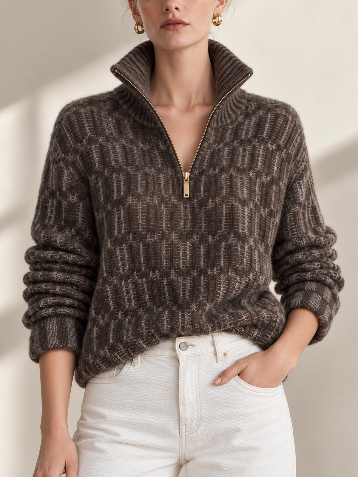 Dark Brown Textured Jacquard Half Zip Loose Top