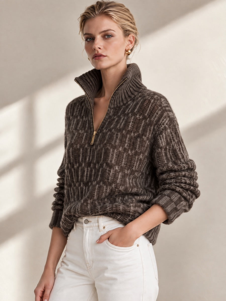Dark Brown Textured Jacquard Half Zip Loose Top