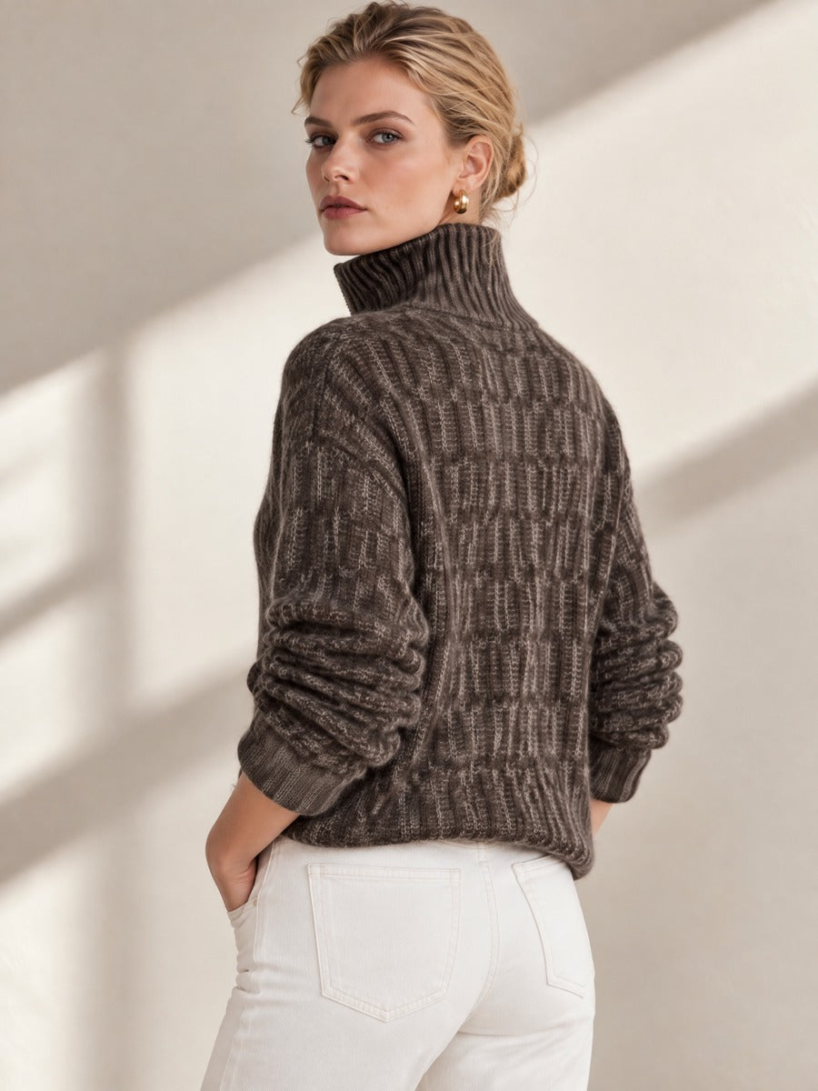 Dark Brown Textured Jacquard Half Zip Loose Top