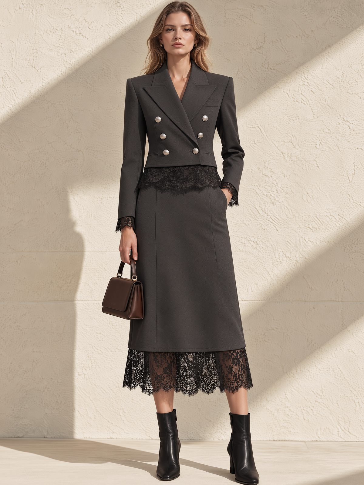 Dark Grey Midi A-Line Skirt With Lace Hem