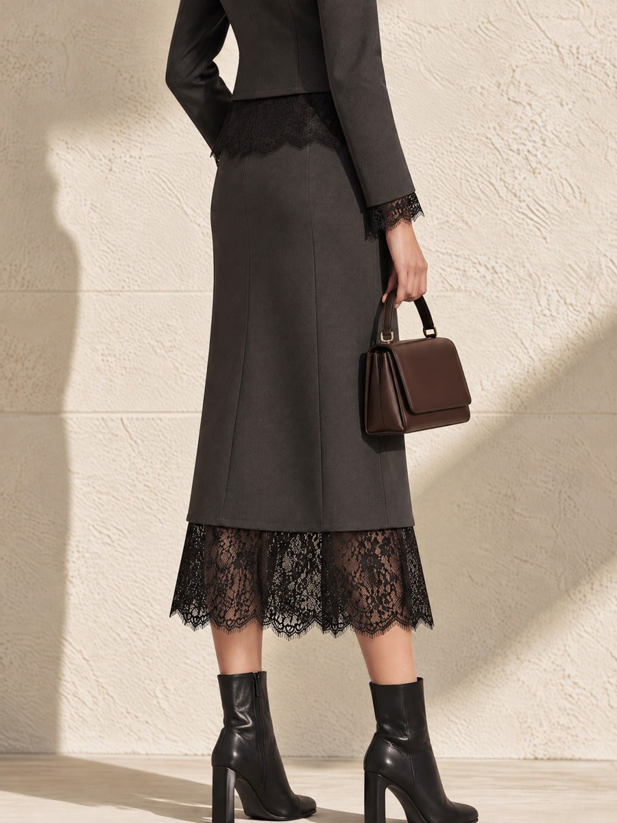 Dark Grey Midi A-Line Skirt With Lace Hem