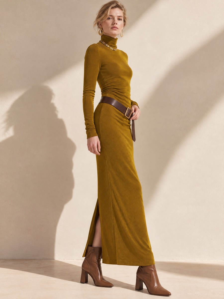 Ginger Yellow Knit Elegant Long Sleeve Dress