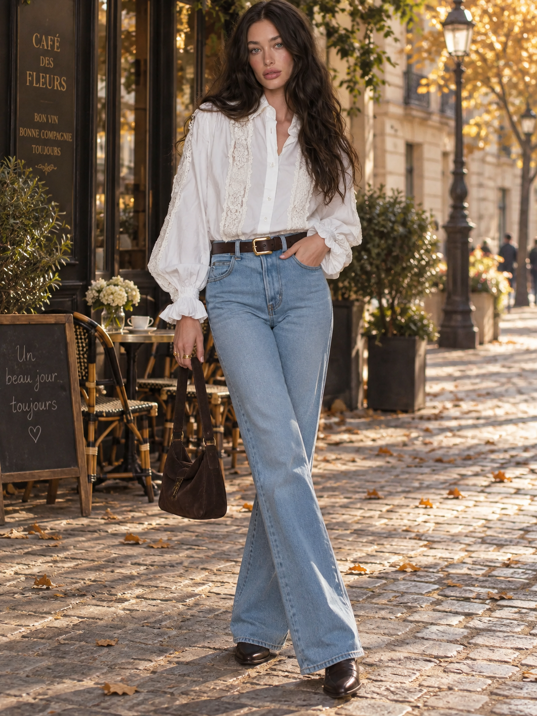 White Lace-Trim Button-Front Ruffle Sleeve Blouse With Puff Sleeves