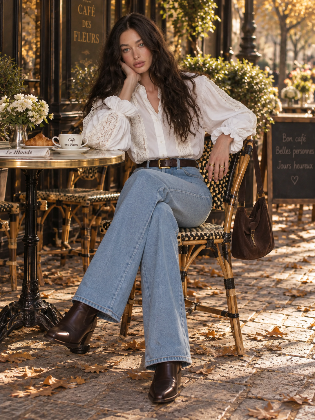 White Lace-Trim Button-Front Ruffle Sleeve Blouse With Puff Sleeves
