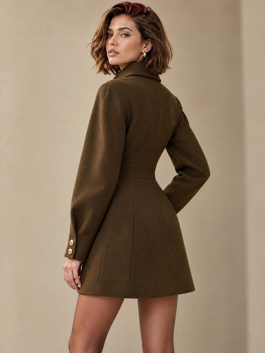 Olive Brown Stand Collar Double Breasted Gold Button Mini Dress