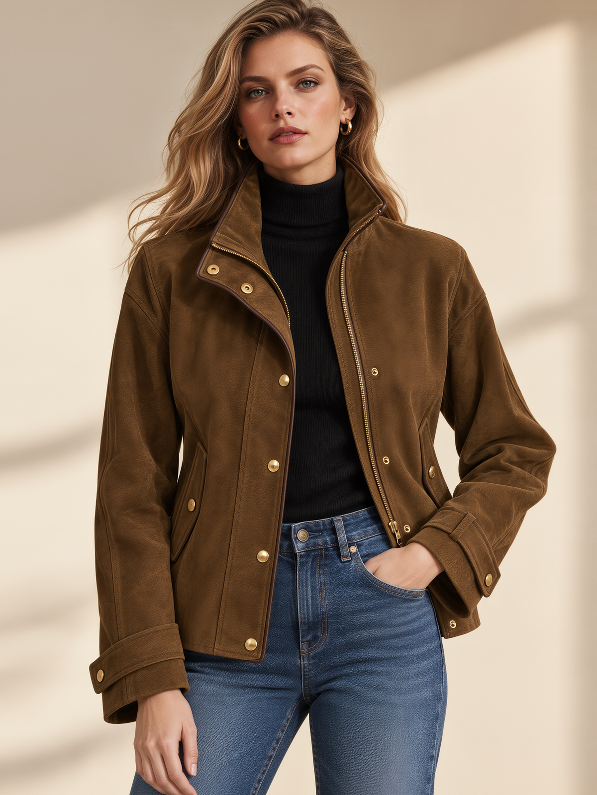 Brown Stand Collar Gold Button Casual Jacket