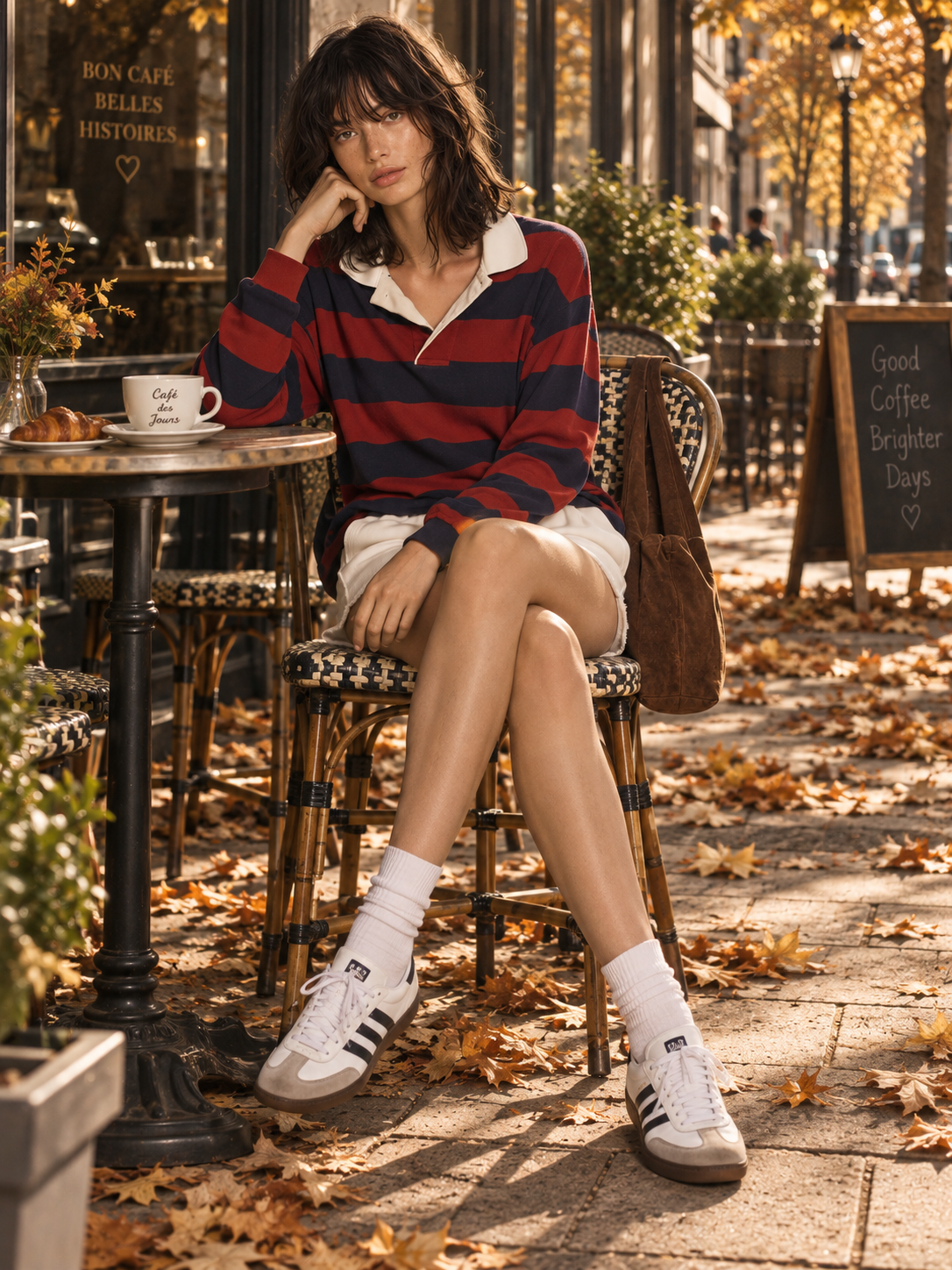 Navy And Burgundy Striped Rugby Polo Sweater With Contrast White Collar And Cuffs