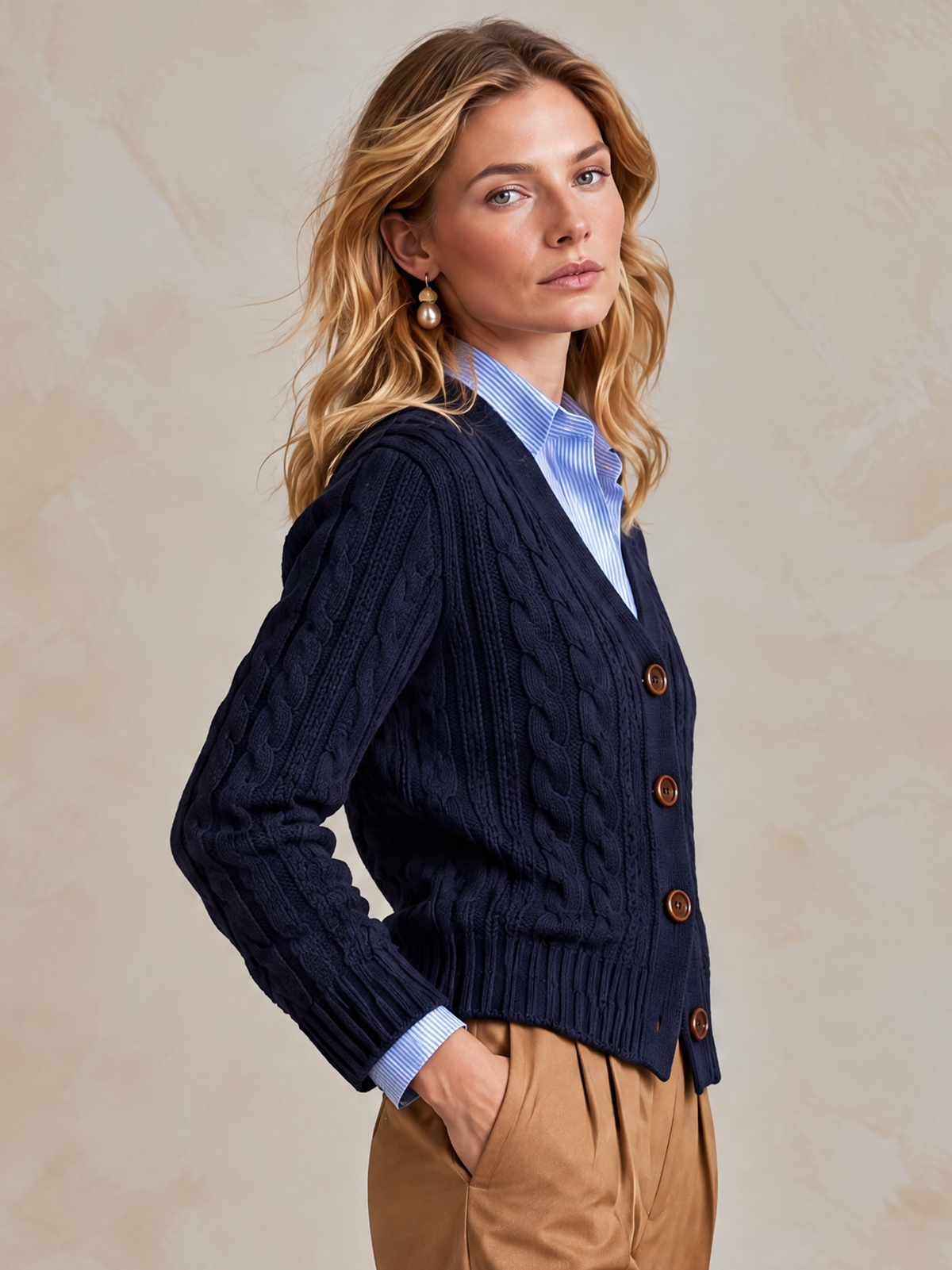 Elegant Navy Cable-Knit Button-Front Cardigan