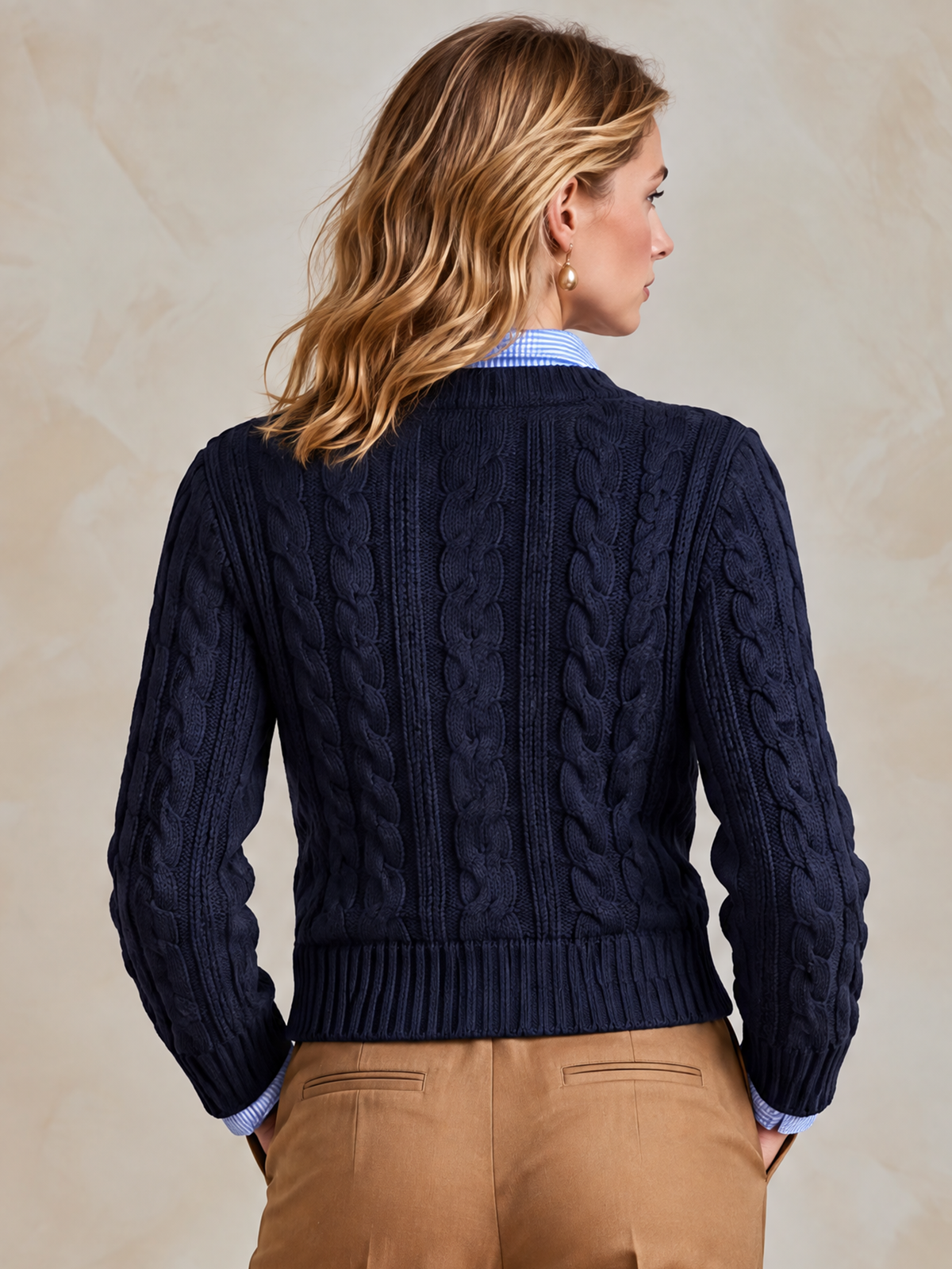 Elegant Navy Cable-Knit Button-Front Cardigan