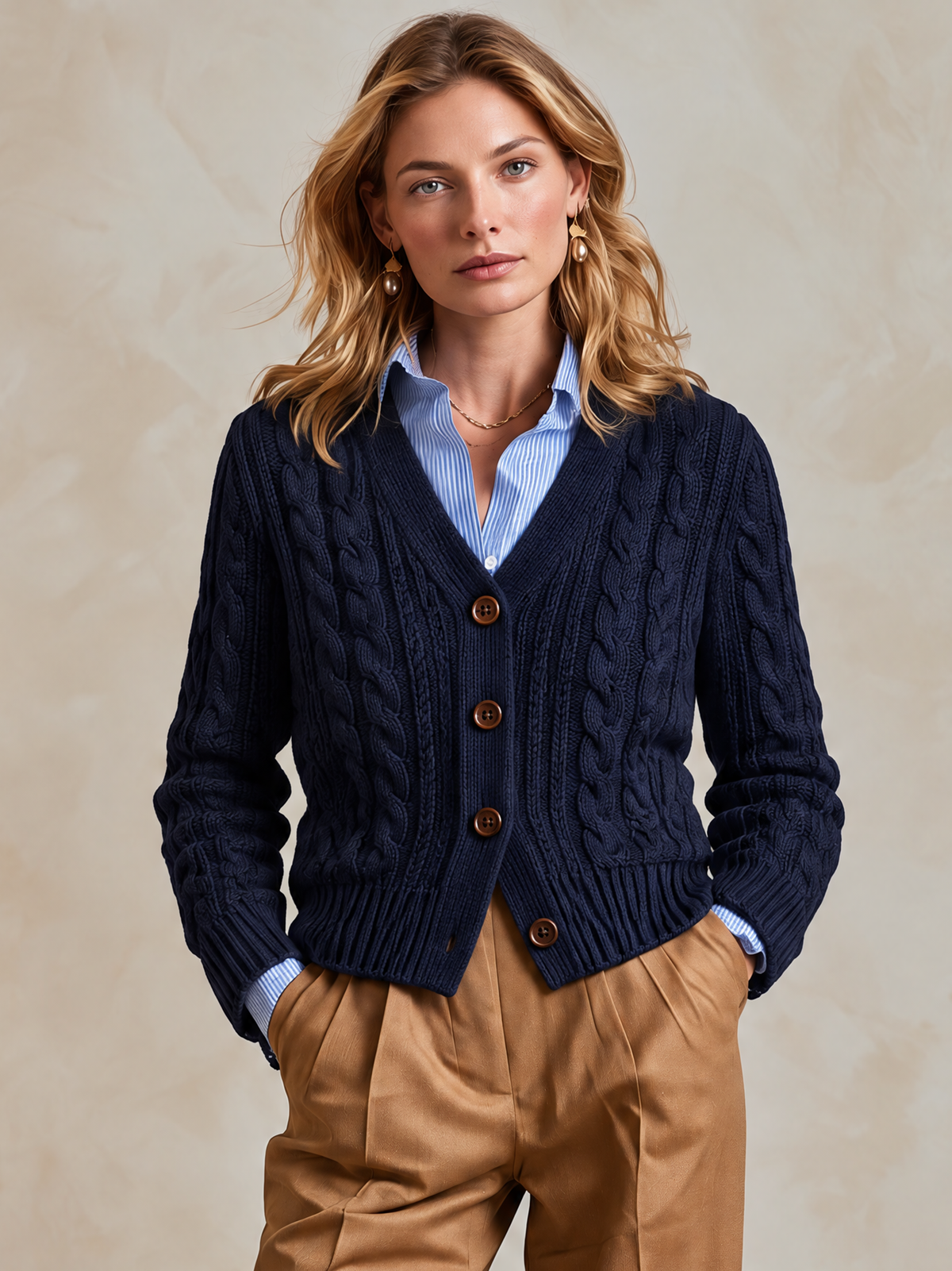 Elegant Navy Cable-Knit Button-Front Cardigan