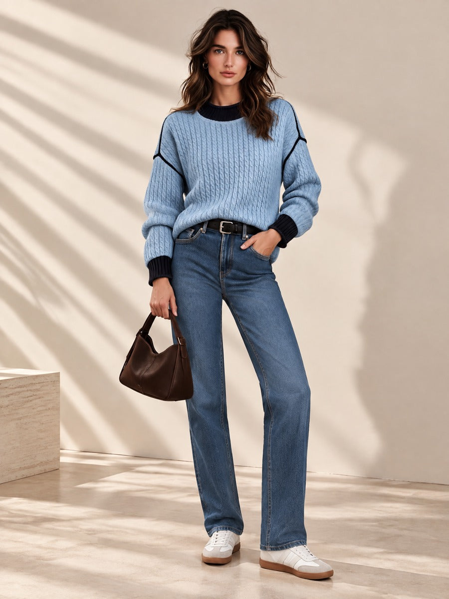 Colorblock Cable Rolled-edge Knit Sweater
