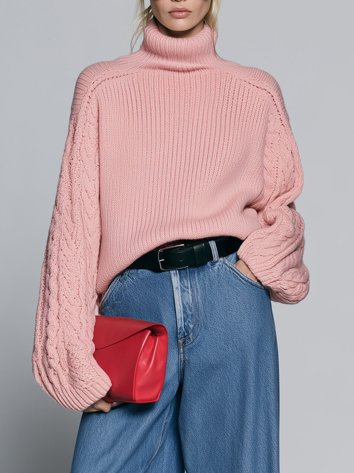 Pink Chunky Rib Knit Turtleneck Sweater With Cable Balloon Sleeves