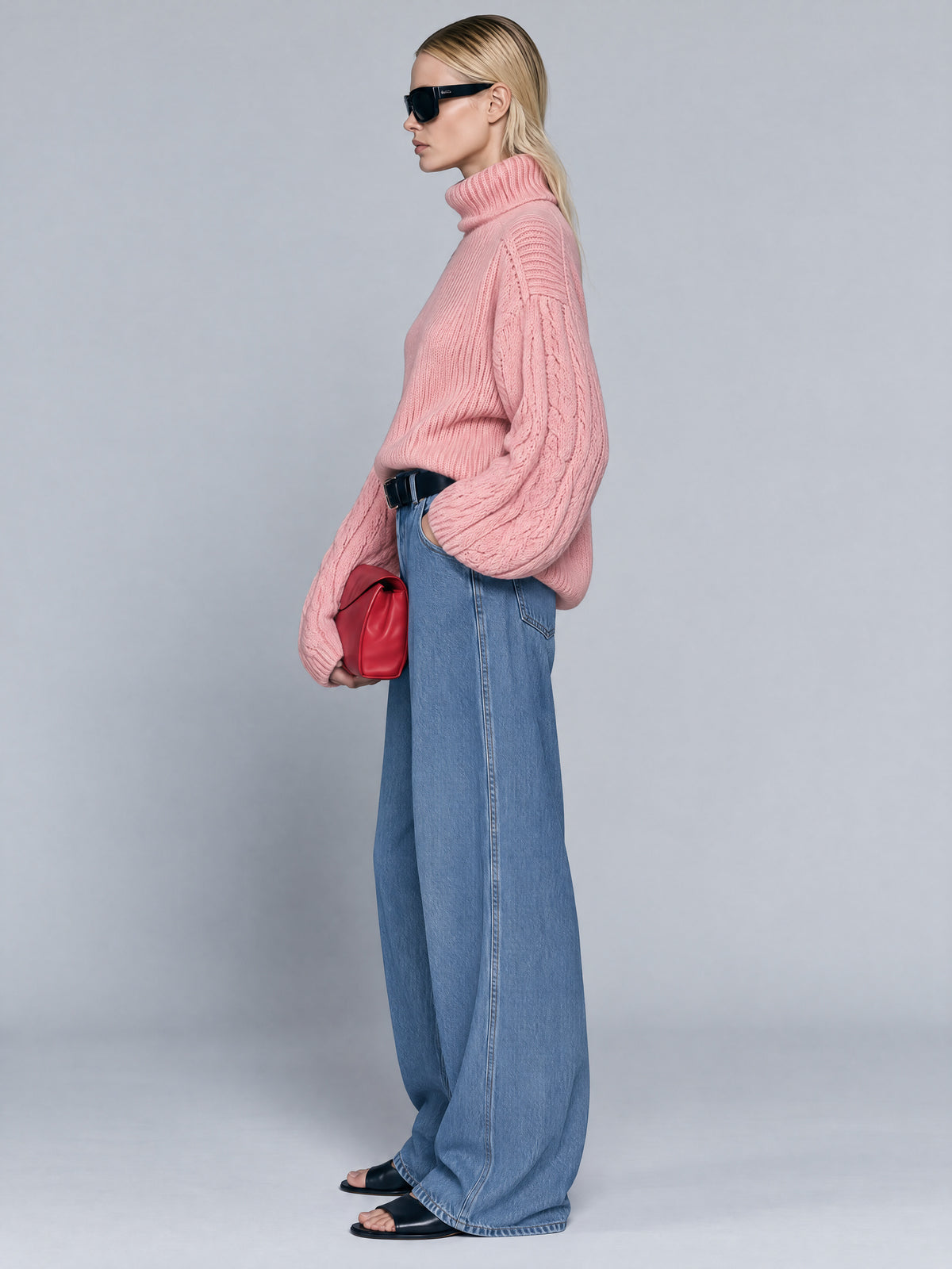Pink Chunky Rib Knit Turtleneck Sweater With Cable Balloon Sleeves