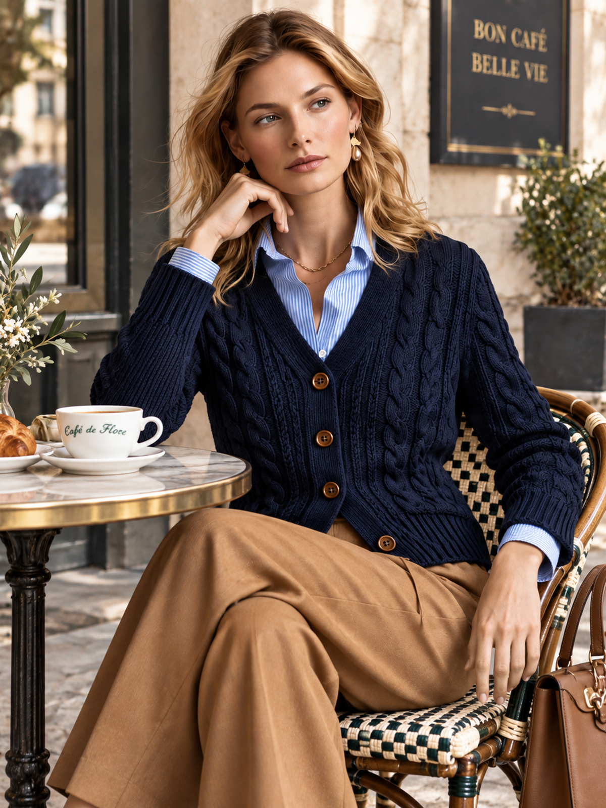 Elegant Navy Cable-Knit Button-Front Cardigan