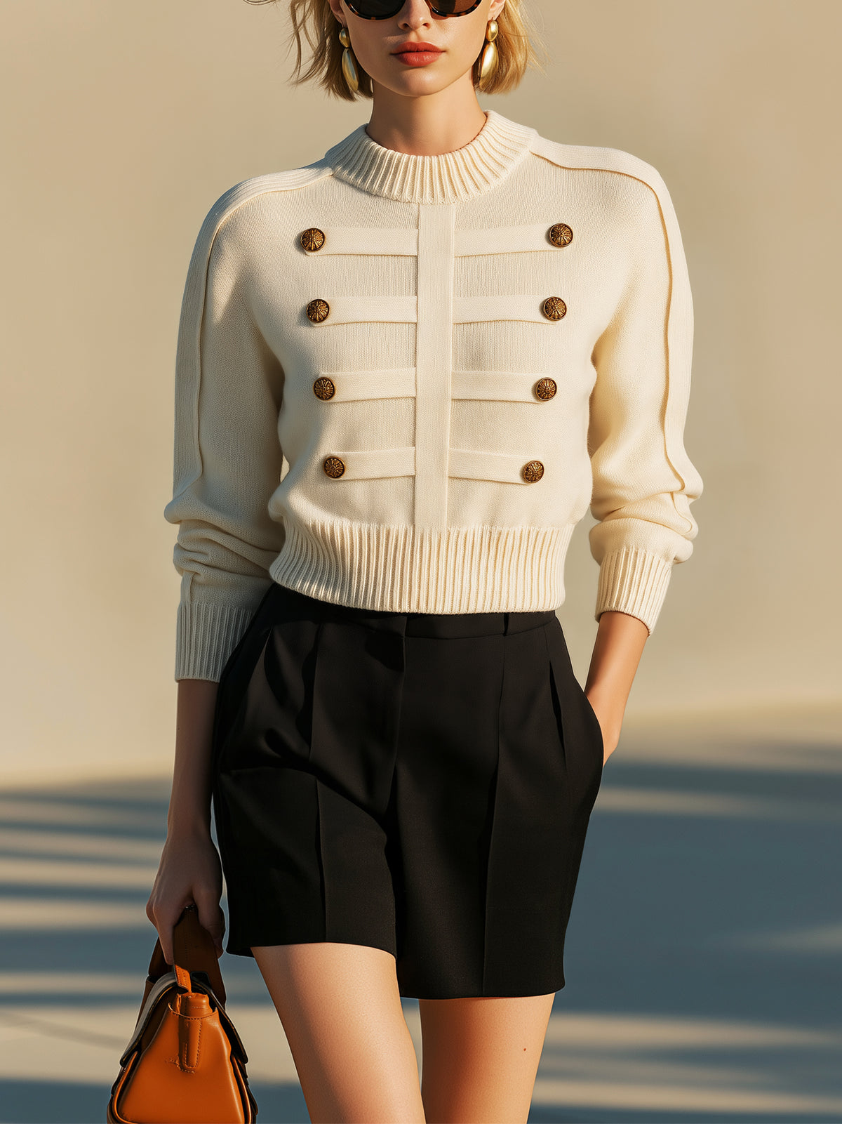 Soft Knit Sweater With Decorative Gold Buttons
