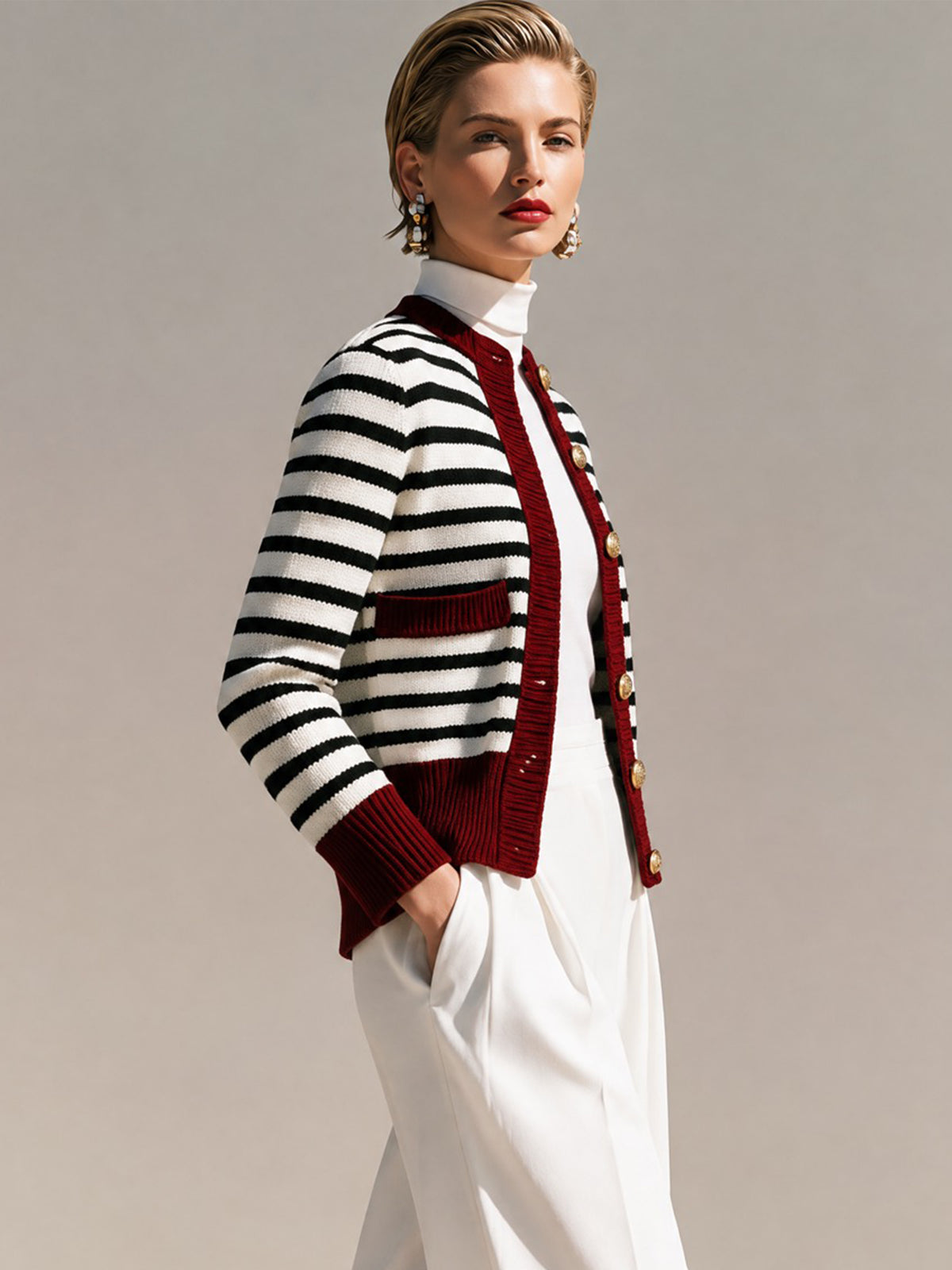 Burgundy Trim Striped Knit Cardigan