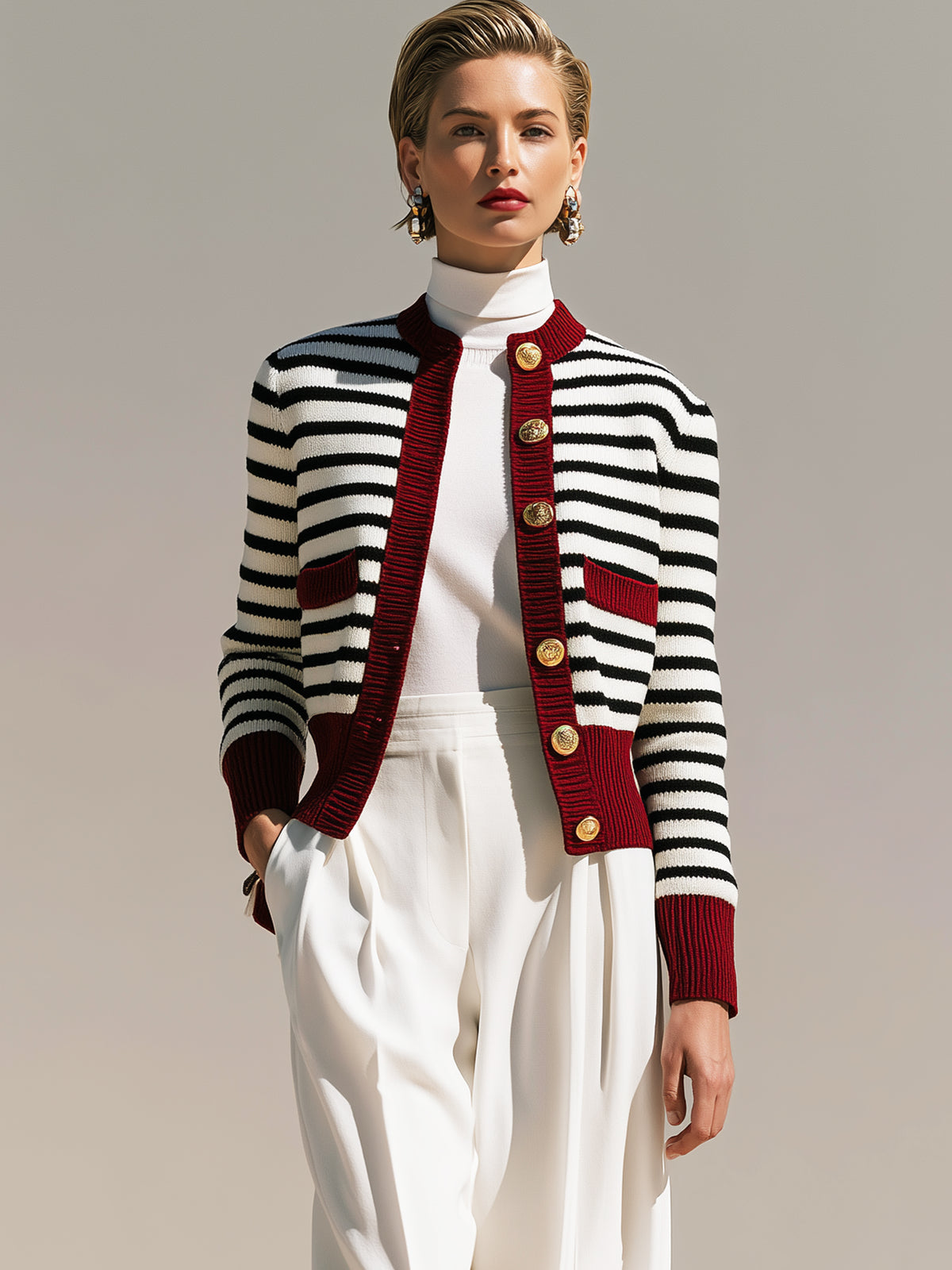 Burgundy Trim Striped Knit Cardigan